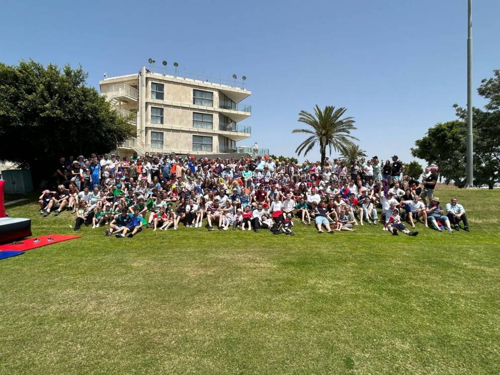 A large group gathers in a park for a family reunion.
