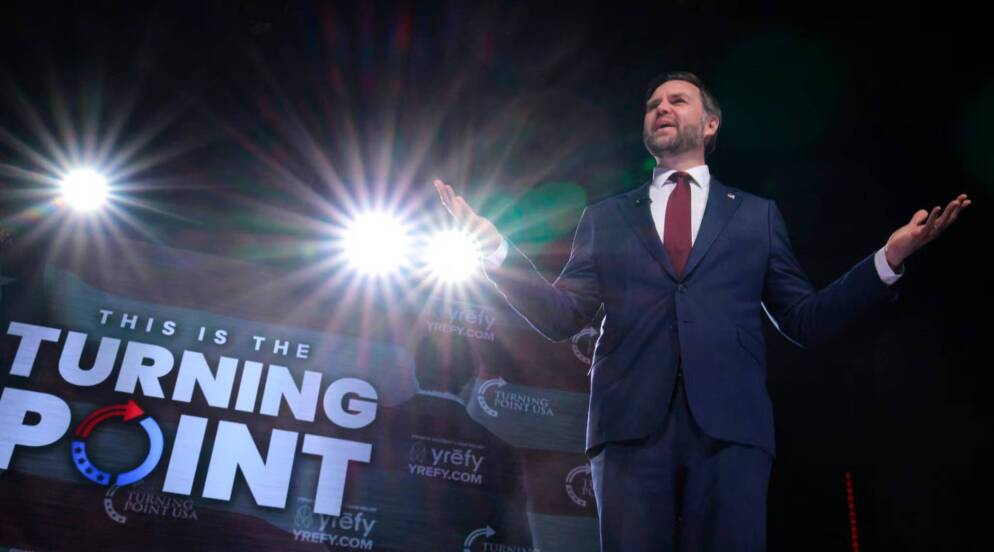 Vice President JD Vance takes the stage during a Turning Point USA event at Akins Ford Arena at the Classic Center on April 14, 2026 in Athens, Georgia. 