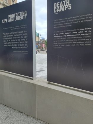 Images of two pillars at the Horwitz-Wasserman Holocaust Memorial Plazadefaced with "RBM"