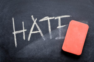 eraser erases the word hate on a chalkboard