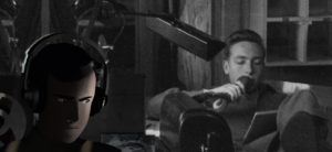 On the left, an animated Arno White, a young Jewish soldier with dark brown hair, is wearing headphones listening to tapes of Nazi interrogations. On the right is the real life photo of him doing the same.