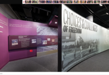 Two large, purple walls filled with text and pictures are displayed on NMAJH's virtual tour.