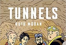 Four characters deep in a tunnel are staring at the reader. On the left are two Israeli archeologists, on the right, two Palestinians.