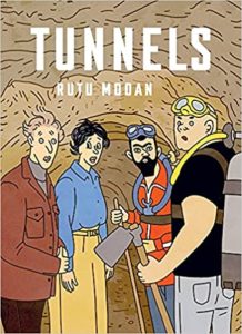Four characters deep in a tunnel are staring at the reader. On the left are two Israeli archeologists, on the right, two Palestinians. 