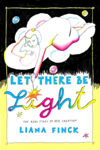 A book cover shows the bottom half of the page in yellow, the top half in black. A simply drawn girl points to the cover of the book in the middle of the page.
