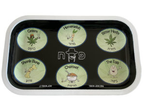 A green and black seder plate has cartoon cannabis seder plate items in little dishes in a circle.