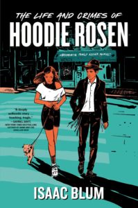A turquoise book cover shows a girl walking down the street with her small dog next to a boy dressed in a suit and fedora. 