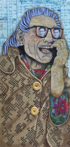 A collage shows an older woman wearing glasses and a fur coat laughing.