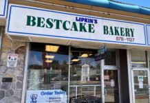 The storefront of Lipkin's Best which reads "Lipkin's BestCake Bakery"
