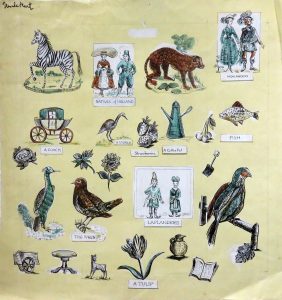 Several cut-outs of birds and Victorian people are cut out and collaged on a yellow background.