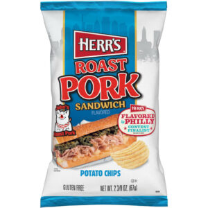 A blue and white bag of potato chips with a picture of a roast pork sandwich on it.