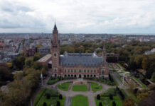 An aerial view of a large building.