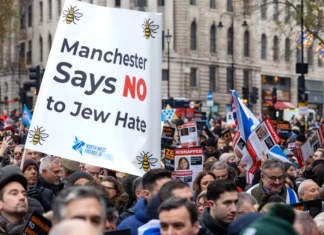 Participants came from throughout the United Kingdom for the “March Against Antisemitism” in London on Nov. 26, 2023.