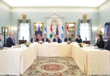 U.S. Secretary of State Marco Rubio joins working-level peace talks with Israeli Ambassador to the United States Yechiel Leiter and Lebanese Ambassador to the United States Nada Hamadeh Moawad at the Department of State in Washington, D.C., April 14, 2026.