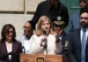 Jessica Tisch, commissioner of the New York City Police Department, speaks alongside New York Gov. Kathy Hochul and New York City Mayor Zohran Mamdani